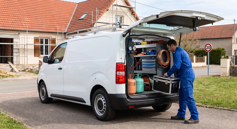 Camionnette utilitaire blanche de frigoriste stationné sur chantier résidentiel, hayon ouvert exposant outils de climatisation et de dépannage chauffage, technicien en combinaison bleue chargeant du matériel de dépannage chauffage et froid, équipement profesionnel frigorifique visible.