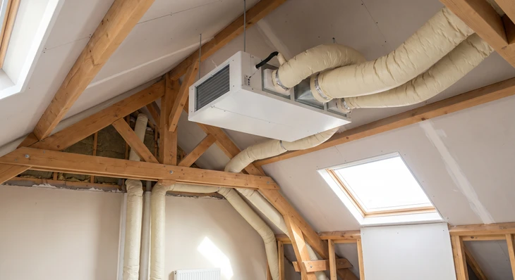 Technicien en combinaison bleue tenant un thermohygromètre numérique dans le séjour d'une maison, examinant l'humidité et la température d'une pièce. Propriétaire visible en arrière-plan. Prise électrique et radiateur visibles en toile de fond. Scène d'intérieur résidentiel typique montrant l'analyse préalable d'un logement.