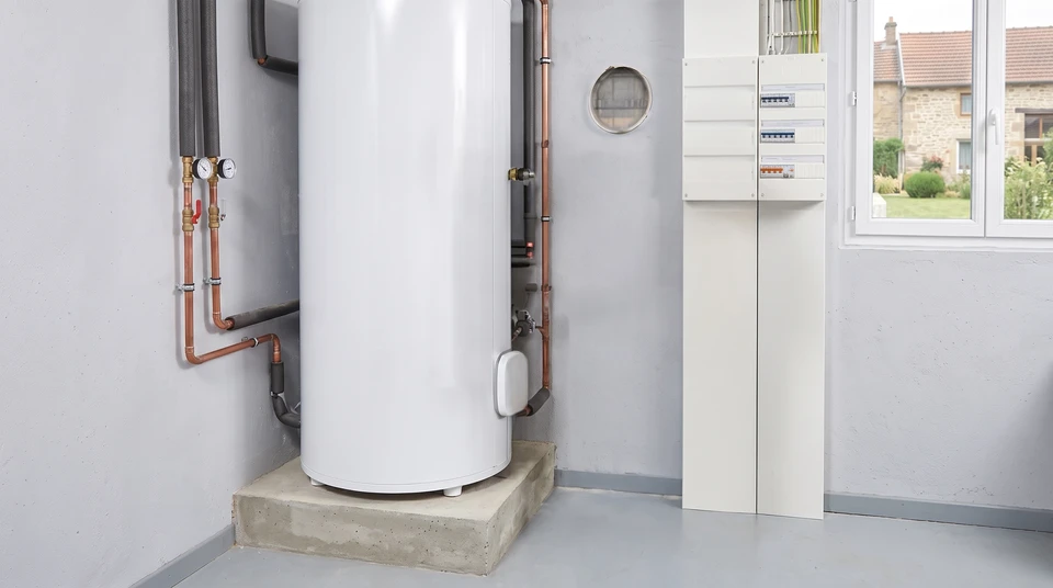 Un ballon thermodynamique de grande capacité (environ 300 litres) installé dans une chaufferie ou sous-sol familial, avec un technicien frigoriste relevant ses dimensions et son raccordement hydraulique avec un mètre ruban et une fiche technique, illustrant l'évaluation sur mesure selon le profil familial.