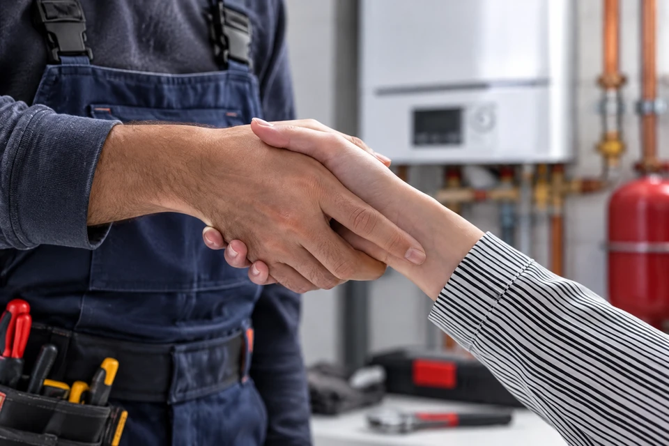 Conseiller technique en tenue professionnelle expliquant le schéma de fonctionnement d'une pompe à chaleur à un propriétaire dans son salon, en pointant les composants sur un diagramme ou une documentation technique. Le client, attentif, écoute les explications. Décoration intérieure résidentielle visible, lumière naturelle, ambiance de confiance et de consultation technique sérieuse.