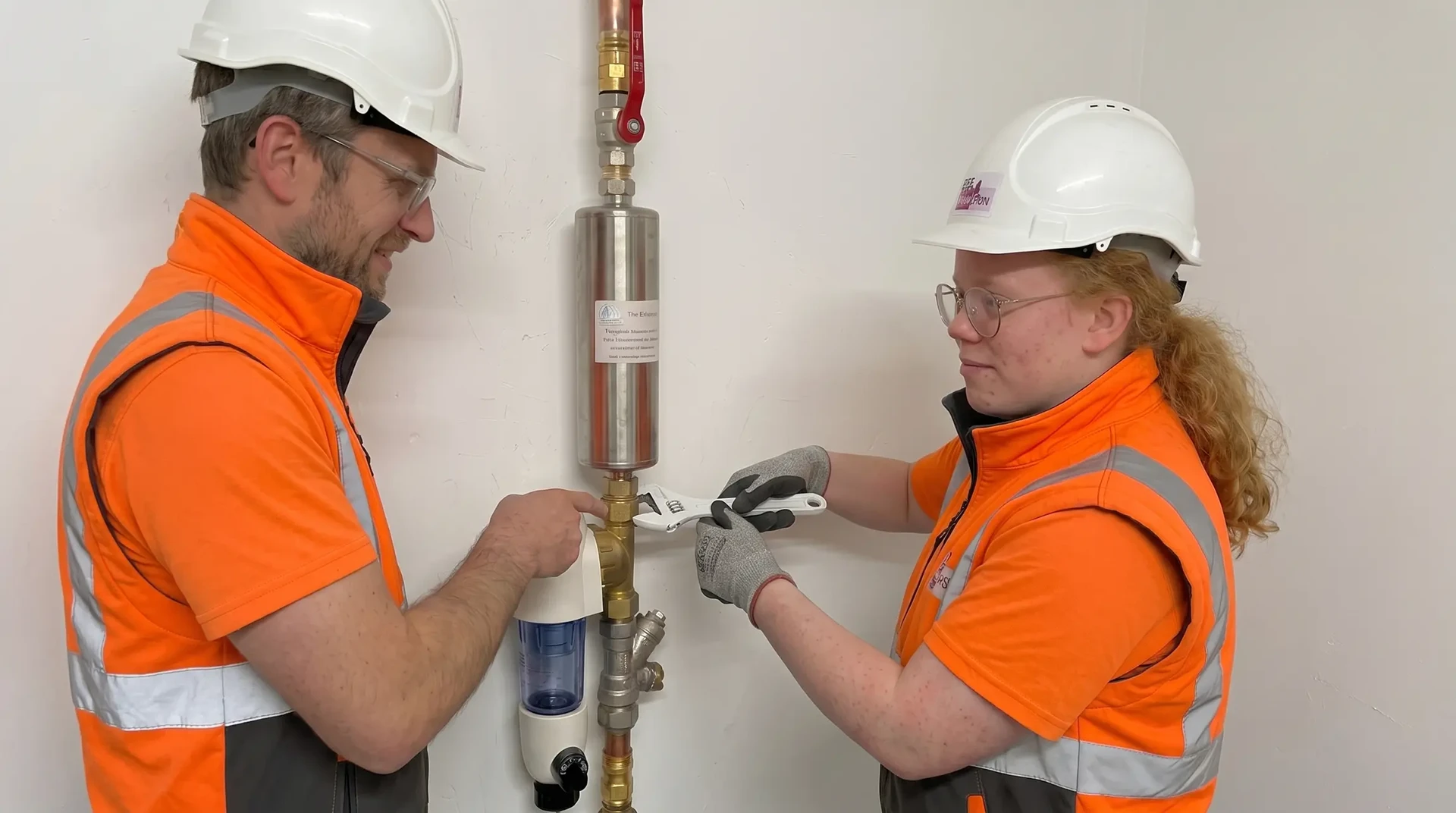 Aimant permanent cylindrique de forte intensité fixé par colliers métalliques sur une canalisation d'eau en cuivre, sans câble ni raccordement électrique visible, montrant clairement le système de traitement magnétique pour adoucissement d'eau sans consommation d'énergie.